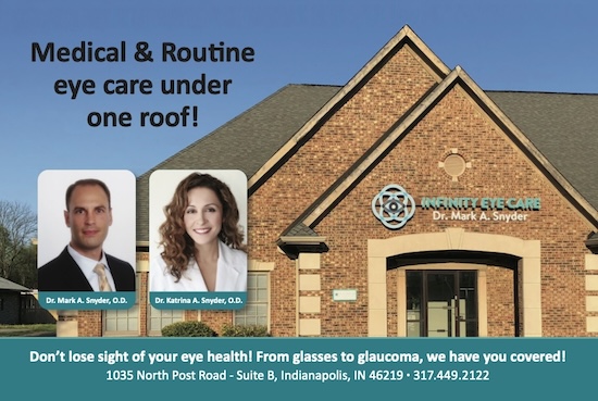 "Medical and routine eye care under one roof!" above an exterior photo of the infinity eye care building. Both doctors' headshots are below the text.